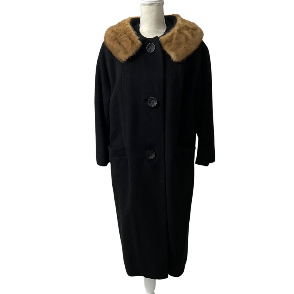 Vintage 60s Youthcraft Old Hollywood Long Black‎ Wool Coat Brown Mink Fur USA LG - Picture 8 of 9